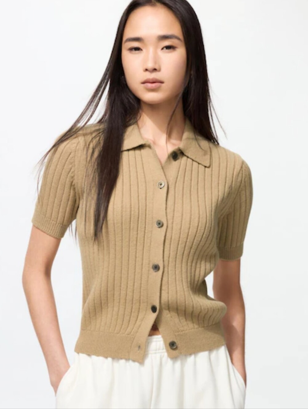 Ribbed Polo Cardigan Short Sleeve Women's XL Tan/Camel/Beige Uniqlo NWT